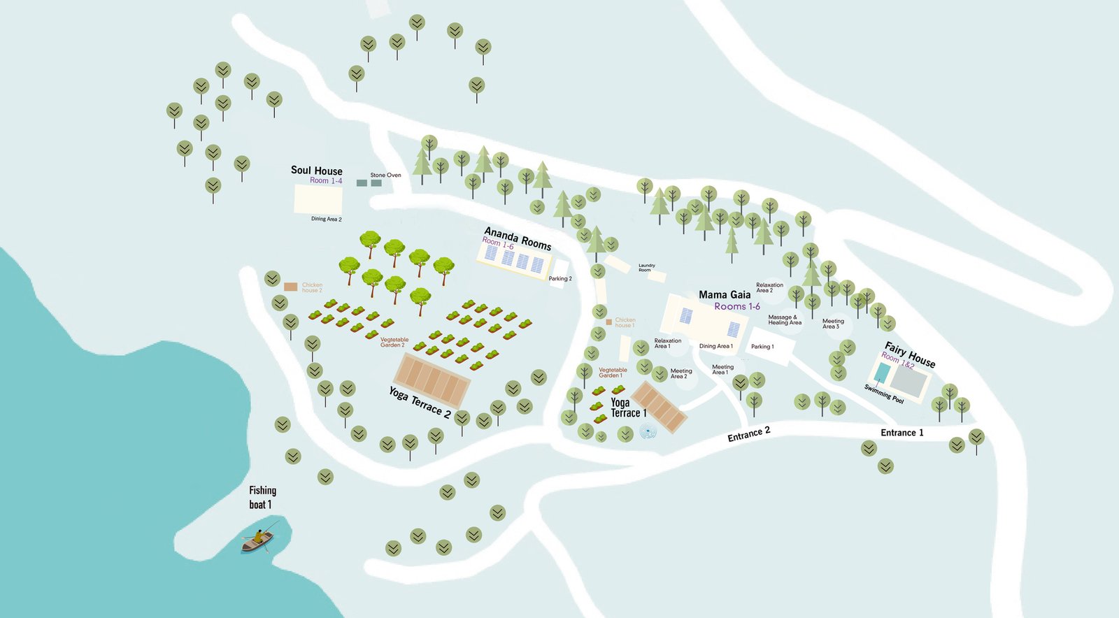 Illustrated site map showing the houses, yoga terraces, gardens, dining and wellness areas